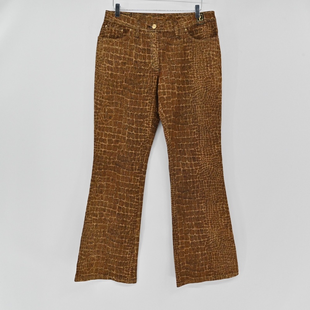 Cappopera Jeans Croc Embossed Pants Womens Size 12 Brown Gold Cotton Y2K Italy